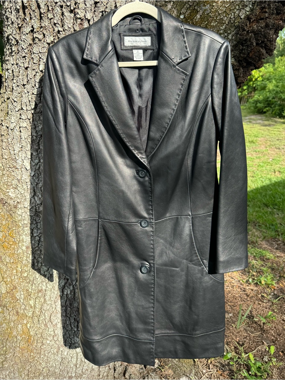 90s Vintage Preston & York Soft Black Lambskin Longline 3 Button Trench .Size M